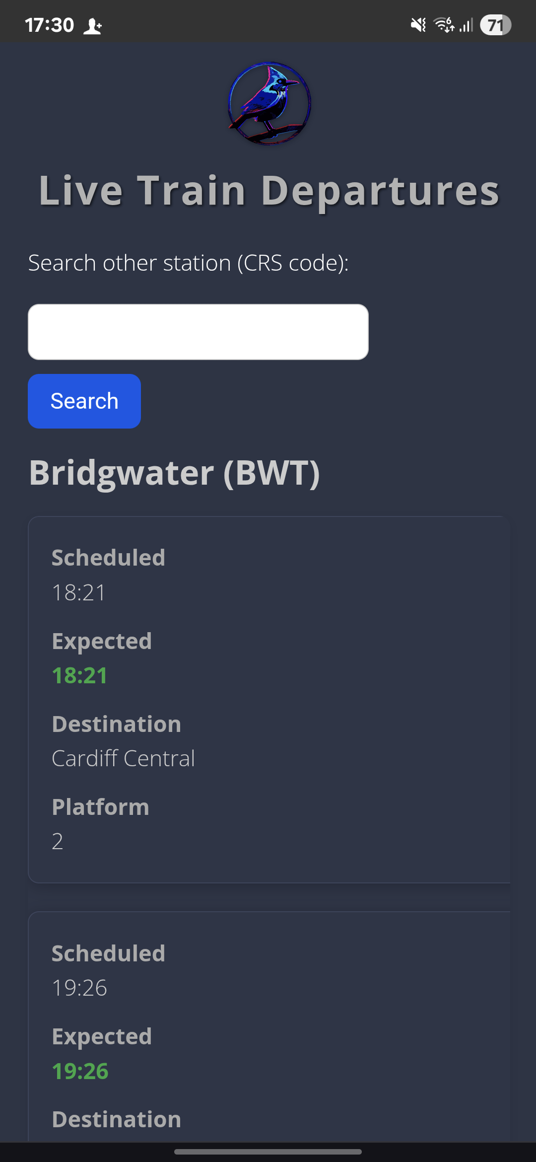 Mobile view of Train Timetable App